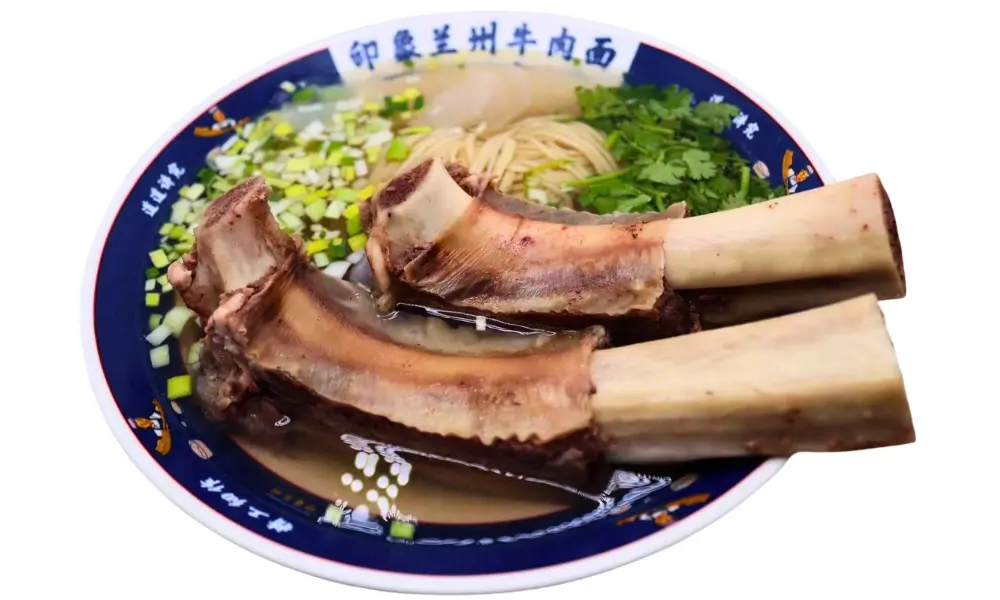 Beef bone noodles in broth at Impression of Lanzhou, a Chinese Restaurant in Berkeley.